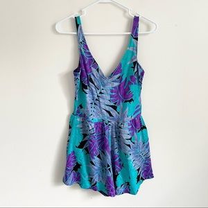 FINAL PRICE Vintage Maxine of Hollywood One Piece Romper Swimsuit 12 Retro Leaf